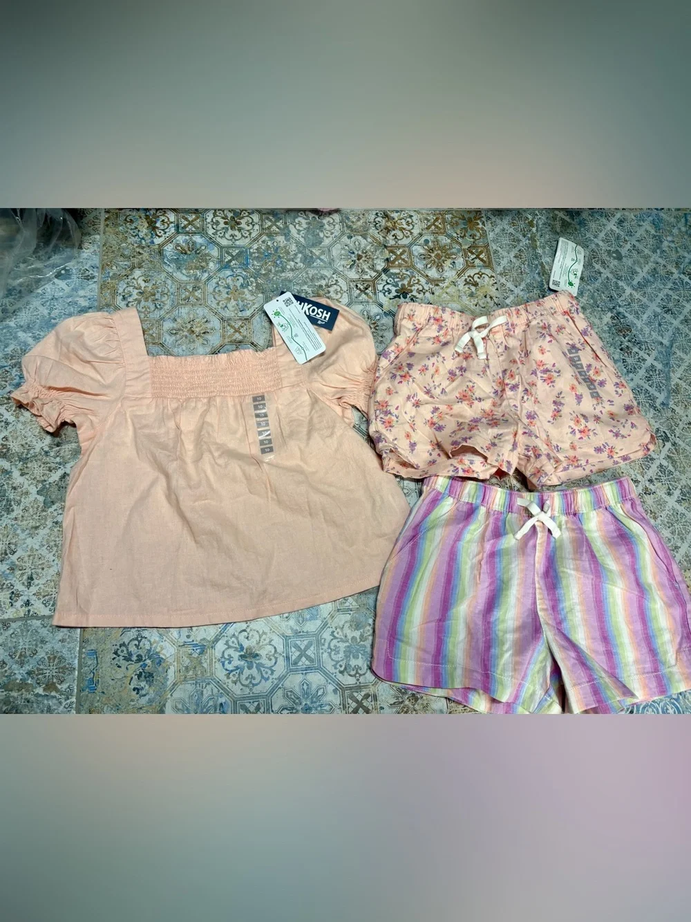 OshKosh B'gosh Peach Top with Peach Floral and Pastel Striped Shorts Set